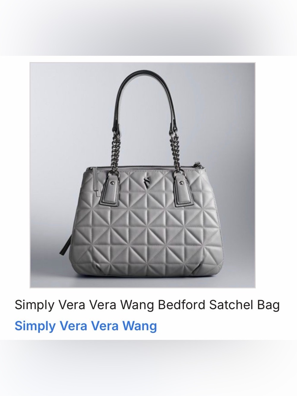 NWT/Discontinued-Vera Wang Quilted Bedford Satchel in Silver Gray